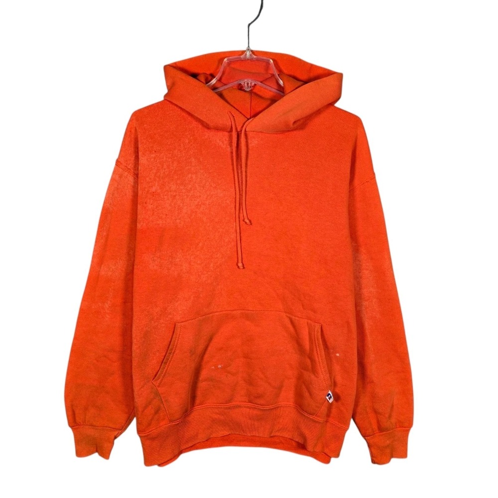 VTG 90s Russell Athletic Hoodie Mens XL Orange Blank Sweatshirt USA Distressed‎